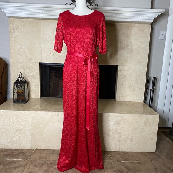 Leslie Fay Stretch Lace Illusion Tie Waist A-Line Gown Red Dress Size 12 - Picture 9 of 13